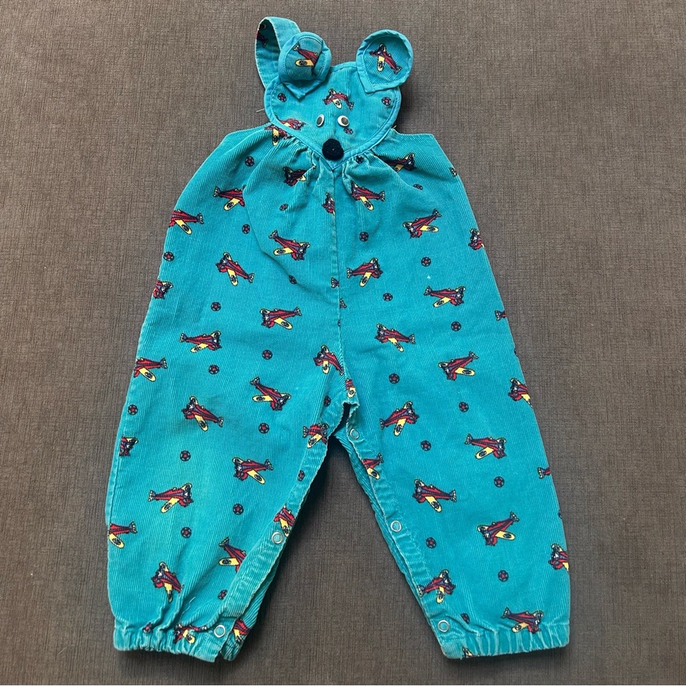Vintage 70s corduroy overalls animal face with airplanes 2T